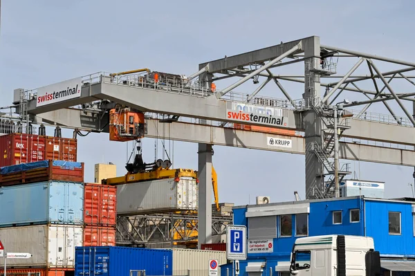 Basel Switzerland April 2022 Heavy Crane City Container Terminal Lifting — ストック写真