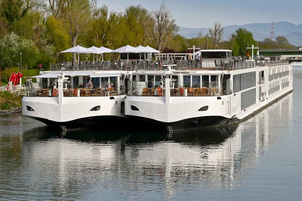 Breisach Deutschland April 2022 Frontansicht Zweier Flusskreuzfahrtschiffe Die Der Nähe — Stockfoto