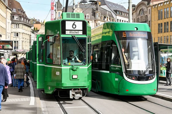 Basel Switzerland April 2022 Modern Electric Tram Old Tram Side — Foto de Stock