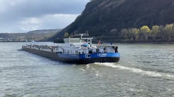 Rhine River Germany April 2022 View Moving Industrial Tanker Barge — стоковое видео