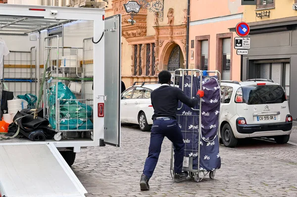 Colmar France April 2022 Person Pushing Delivery Cart Supplies Shop — Stock Photo, Image