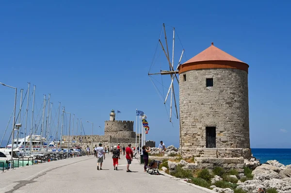 Rhodes Greece May 2022 Traditional Stone Windmills Town Waterfront — Fotografia de Stock