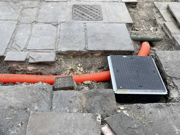 New Plastic Drainage Pipes Being Laid Pavement City Centre People — Stockfoto