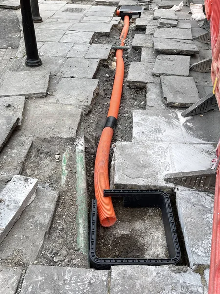 New Plastic Drainage Pipes Being Laid Pavement City Centre People — Stok Foto