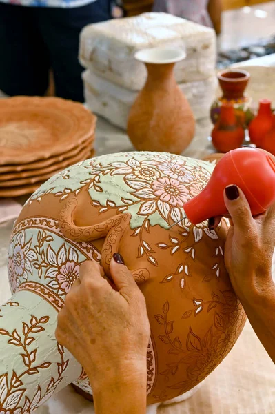 Rhodes Greece May 2022 Close View Pottery Artist Using Coloured — Stok fotoğraf