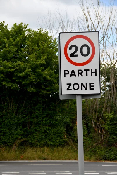 Bilingual Road Sign Showing Mph Speed Limit Approach Village Wales — Zdjęcie stockowe