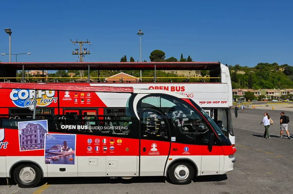 Corfu Greece June 2022 Hop Hop Tourist Sighteeing Buses Parked — Foto de Stock