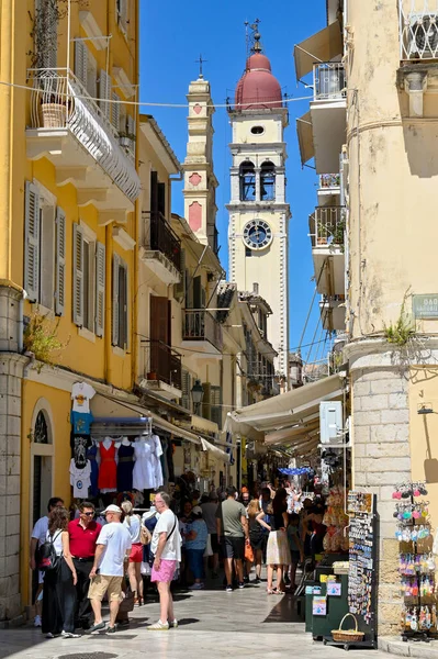 Corfu Greece June 2022 Tourists One Narrow Streets Shops Old — Zdjęcie stockowe