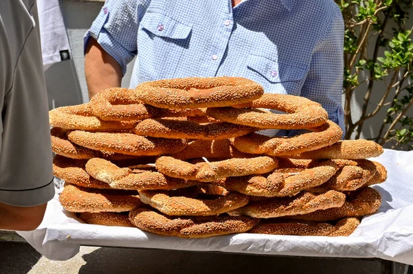 Athens Greece May 2022 Stack Large Pretzels Being Sold Street — Foto de Stock