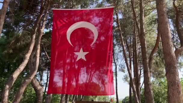 Large National Flag Turkey Blowing Light Breeze People — Vídeo de Stock