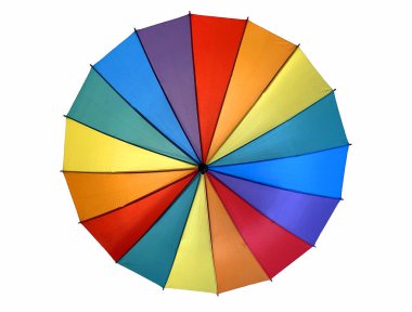 Top of a rainbow covered umbrella on a plain white background. No people.