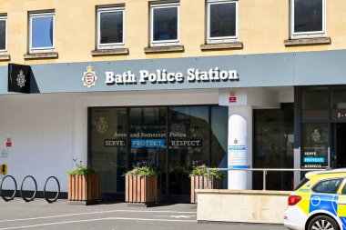 Bath, Somerset, ERngland - July 2022: Front exterior view of the entrance to Bath police station in the city centre,