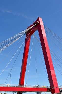 Rotterdam, Netherlands - August 2022: People and cars passing below one of the towers on the Willems Bridge, which is a cable stayed bridge in the city centre over the Nieuwe Maas river.