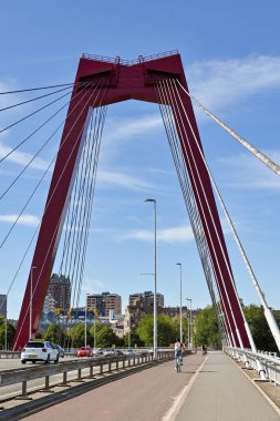 Rotterdam, Netherlands - August 2022: People riding bicycles in the cycle lane over the Willems Bridge in the city centre over the Nieuwe Maas river.