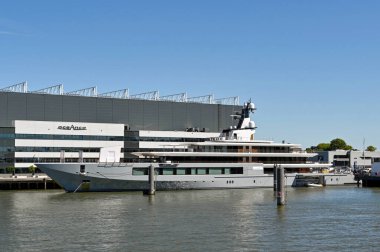 Alblasserdam, Netherlands - August 2022: Brand new luxury super yacht moored outside the Oceanco shipyard. It is reported to have been built for Amazon owner Jeff Bezos.