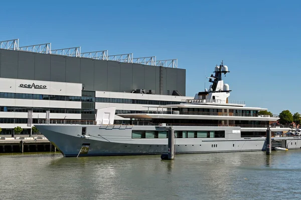 Alblasserdam, Netherlands - August 2022: Brand new luxury super yacht moored outside the Oceanco shipyard. It is reported to have been built for Amazon owner Jeff Bezos.