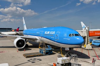 Amsterdam, Netherlands - August 2022: KLM Boeing 777 jet parked at the airport terminal at Schipol airport