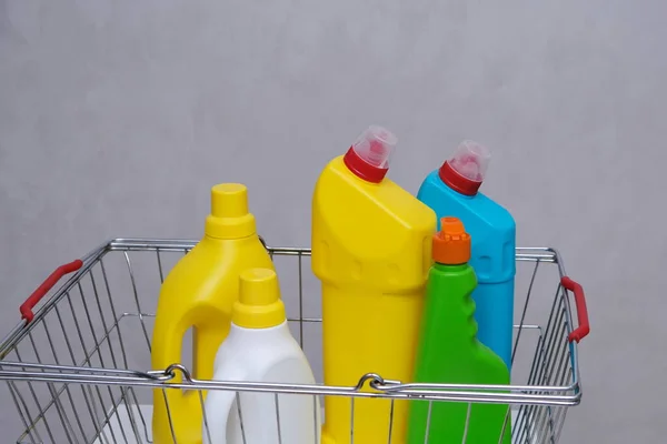 Purchase Household Chemicals Different Bottles Household Chemicals Shopping Basket — стоковое фото