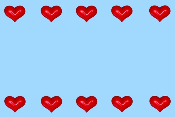 Valentine Day Greeting Card Red Hearts Row Blue Background Frame — 스톡 사진