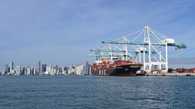 Miami, Florida 'daki Port Miami' de gantry vinçleri altında konteynır gemisi.
