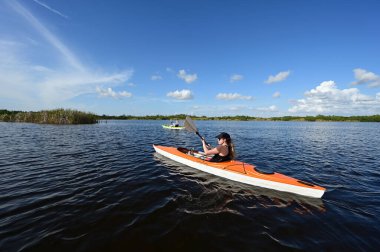 Everglades Ulusal Parkı 'ndaki Nine Mile Pond' da kayak yapan genç bir kadın..