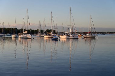 Şafak sökerken Coconut Grove açıklarında demirli yelkenliler..