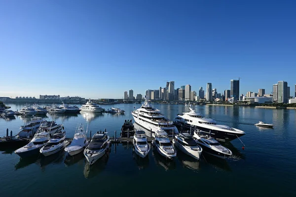 Super-yachts docked in Yacht Haven Grande Miami at Island Gardens in Miami.