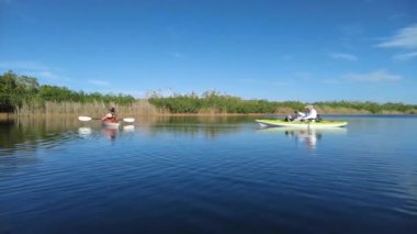 Everglades Ulusal Parkı 4K 'da kayak yapan aktif kıdemli ve genç bir kadın..