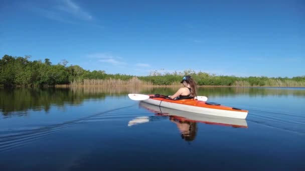 Young woman kayaking on Nine Mile Pond in Everglades National Park 4K. — стоковое видео