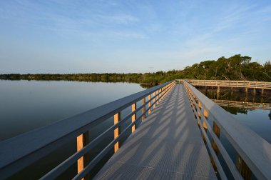 Batı Gölü kıyısındaki Boardwalk Everglades Ulusal Parkı, Florida, gün doğumunda.