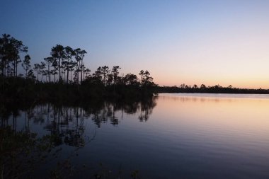 Everglades Ulusal Parkı 'ndaki Pine Glades Gölü üzerinde Alacakaranlık, Florida.
