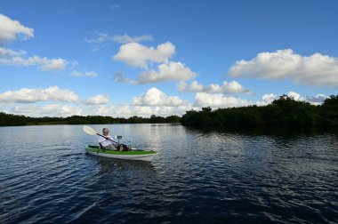 Florida, Everglades Ulusal Parkı 'ndaki Paurotis Pond' da kıdemli kano sporu. Güneşli bir öğleden sonra..