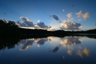 Florida Everglades Ulusal Parkı 'ndaki Paurotis Gölü' nün sakin sularını yansıtan renkli günbatımı bulutları.
