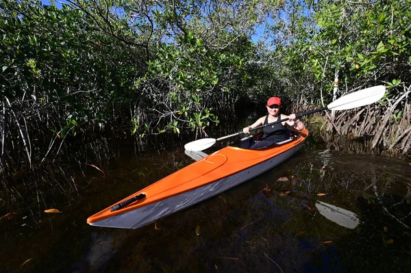 Kobieta Spływa Kajakiem Nine Mile Pond Parku Narodowym Everglades Florydzie — Zdjęcie stockowe