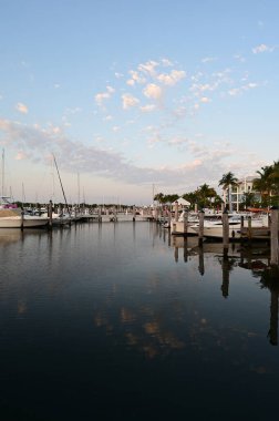 Suummer Bulutları, Coconut Grove, Miami, Florida 'daki Akşam Yemeği Key Marina' nın sakin suyuna yansıyor..