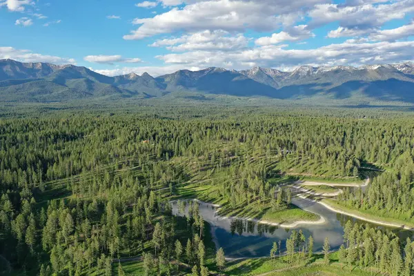 Pemandangan Udara Hutan Hijau Abadi Montana Utara Dengan Pegunungan Swan — Stok Foto