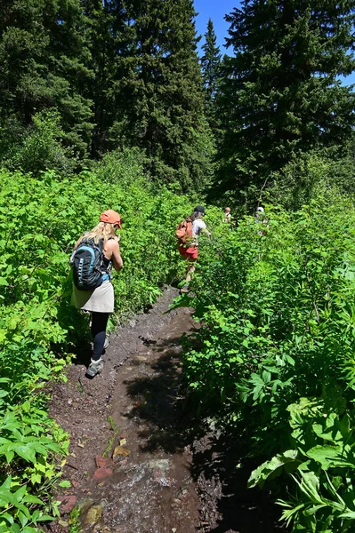 Young Women Hiking Stanton Lake Trail Great Bear Wilderness Montana — Photo