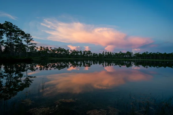Colorful Summer Sunrise Cloudscape Long Pine Key Reflected Perfectly Calm — Photo