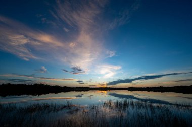 Colorful summer sunrise cloudscape over Nine Mile Pond reflected in perfectly calm water in Everglades National Park, Florida.