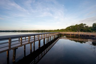 Sunrise cloudscape over West Lake boardwalk in Everglades National Park, Florida on calm summer morning.