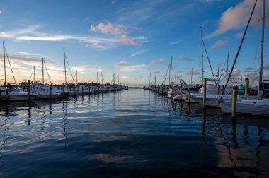 Dinner Key Marina in Miami, Florida in early morning light on calm sunny summer morning.