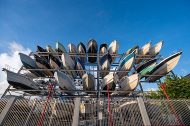 Stacked boats on storage racks in Dinner Key in Coconut Grove, Florida.