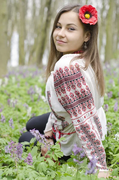 Portræt af smuk pige med blomst af valmue i håret - Stock-foto