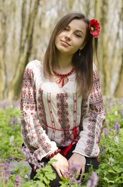 Portrait of beautiful girl with flower of poppy in hair — Stock Photo, Image