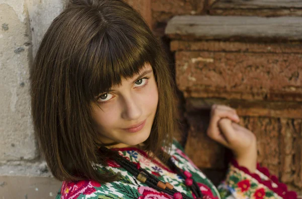 Porträtt av ung vacker flicka i tradition ukrainska tyg på — Stockfoto