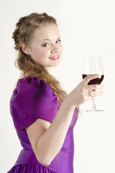 Portret dziewczyny piękne, atrakcyjne, przy lampce czerwonego wina i ubrać się w staruszka modne na białym tle — Zdjęcie stockowe