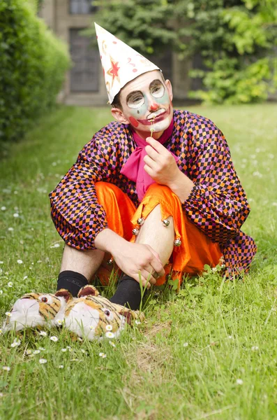 Portret mężczyzny z kwiatem, który jest ubrany jak clown — Zdjęcie stockowe