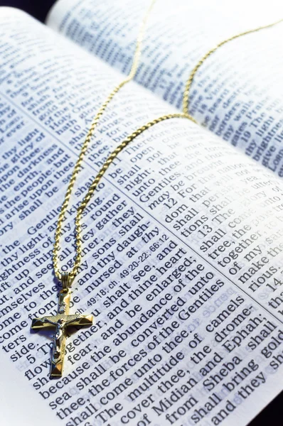 Colar da Cruz de Ouro em uma Bíblia aberta — Fotografia de Stock