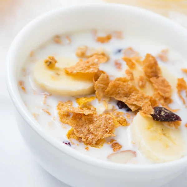 Whole grain cereal with cranberries and slices of banana breakfa — Stock Photo, Image