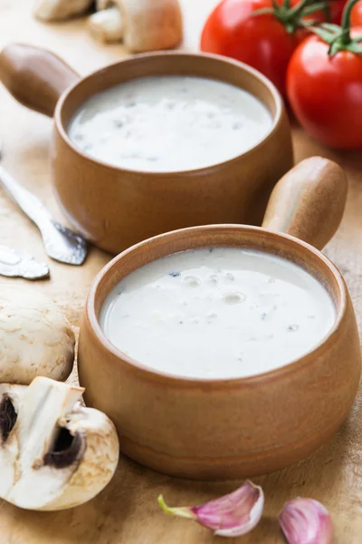 Mushroom soup in clay pots — Stock Photo, Image